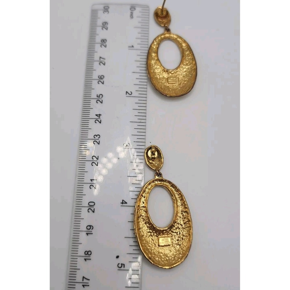 Vintage Bellezza Italy Hammered Gold Tone Dangle Oval Designer Pierced Earrings - Picture 10 of 11